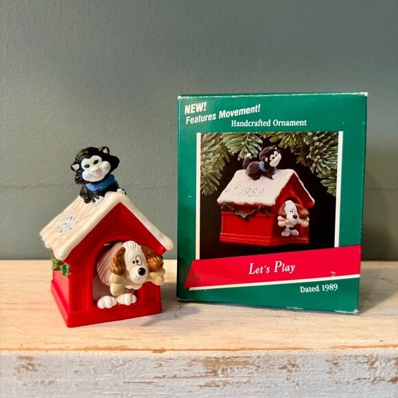 Hallmark Other - 1989 Hallmark Lets Play Bobblehead Dog & Cat Vintage Christmas Keepsake Ornament